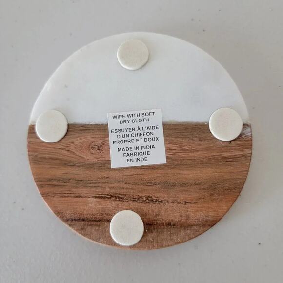 Handmade Marble and Wood Round Coaster Set of 2 Acacia Wood White Marble - Picture 5 of 7